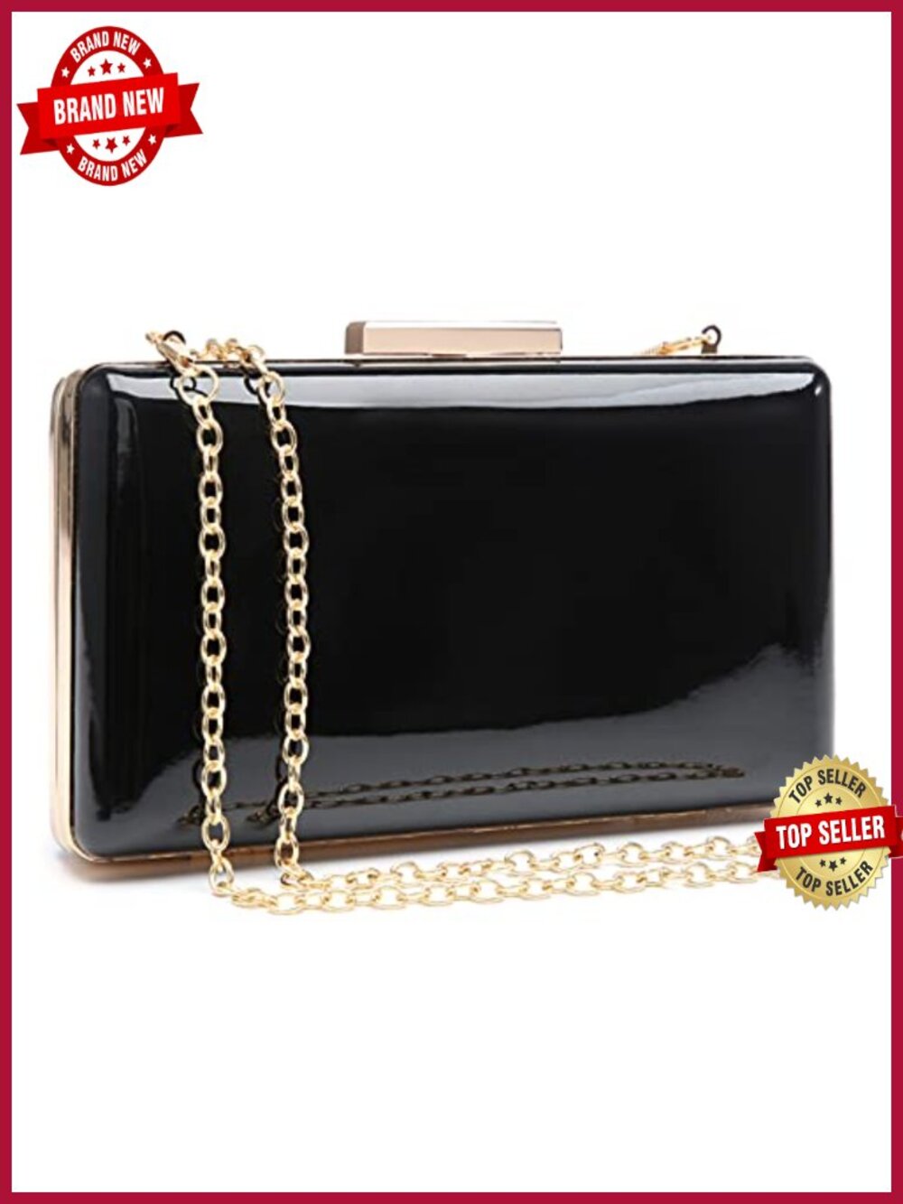 Patent Vegan Leather Evening Clutch with Detachable Chain Strap, Formal Party